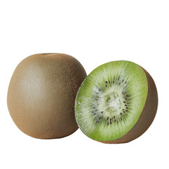 Poster - A single whole kiwi fruit rests beside a halved kiwi showcasing its bright green interior and tiny black seeds against a plain white background.