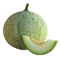 Poster - A whole green cantaloupe and a cut piece are displayed against a plain white backdrop.