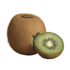 Poster - A digitally rendered image showcases a whole kiwi fruit alongside a sliced half revealing its vibrant green interior and tiny black seeds.