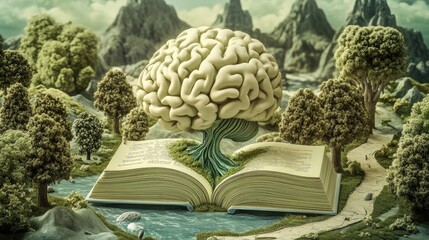 Poster - A Brain Tree Grows From An Open Book In A Scenic Landscape