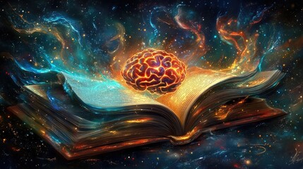 Poster - Glowing Brain Emerging From Cosmic Book Of Knowledge
