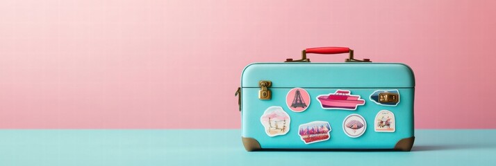 Poster - Retro suitcase adorned with travel stickers evokes nostalgia for adventure and exploration in a colorful setting. Generative AI