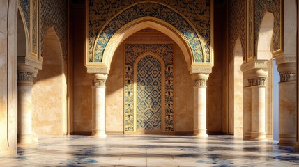 Poster - Sunlit Arabesque Hallway With Intricate Columns and Arches