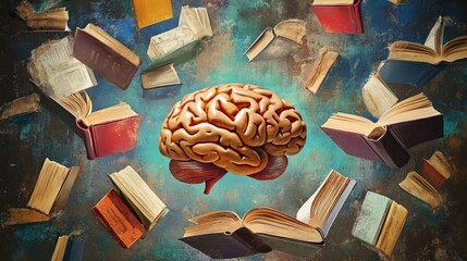 Poster - A Human Brain Surrounded By Floating Books
