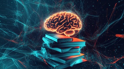 Poster - Illuminated Brain Above Stack of Books Knowledge Acquisition