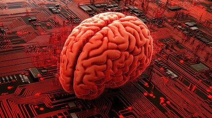 Poster - Human Brain Over Circuit Board Digital Technology