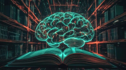 Poster - Digital Brain Above Open Book in Library Setting