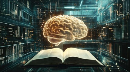Poster - Illuminated Brain Above Open Book Digital Knowledge Network