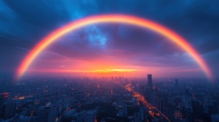 Canvas Print - Cityscape sunset, vibrant rainbow arch overhead.