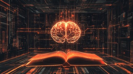 Poster - Digital Brain Illuminated Above Open Book In Cyber Space