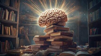Poster - Illuminated Brain Atop Stack Of Ancient Books