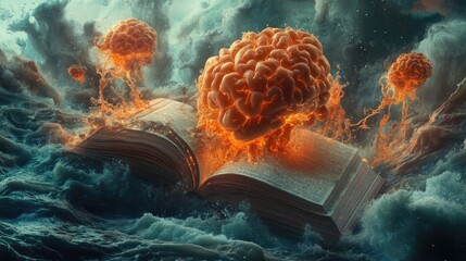 Poster - Flaming Brains Erupting From Ancient Book In Stormy Sea