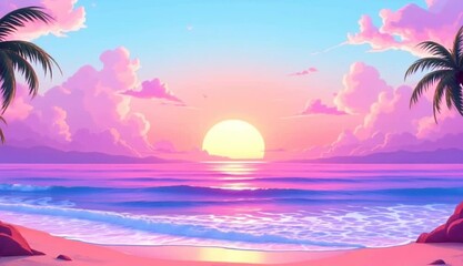 Wall Mural - pink sunset beach scene, tropical ocean waves, palm trees, rocky shore, idyllic vacation background