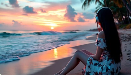 Wall Mural - woman listening music sunset tropical beach ocean waves