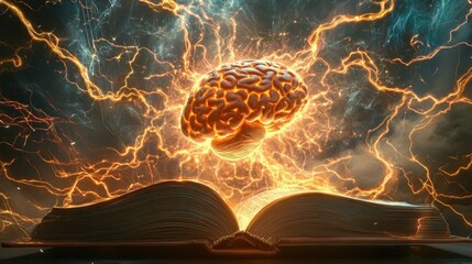 Poster - Illuminated Brain Above Open Book Representing Knowledge