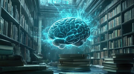 Poster - Glowing Brain Above Books In An Ancient Library