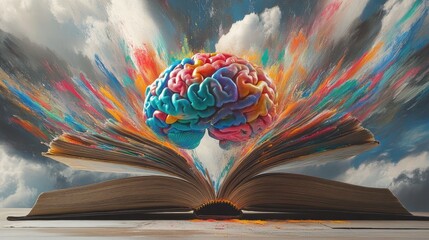 Poster - Colorful Brain Emerging From Open Book Against Sky