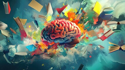 Poster - A Colorful Brain Exploding With Books and Knowledge
