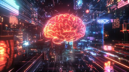 Aufkleber - Digital Brain Illuminated Within A Futuristic Cityscape