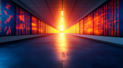 Poster - Data center corridor, glowing screens, sunrise, future tech