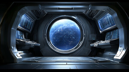 Poster - Spaceship bridge Earth view night control