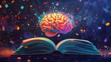 Poster - A vibrant brain emerges from an open book surrounded by colorful confetti