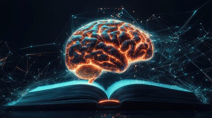 Poster - Illuminated Brain Above Open Book Representing Knowledge