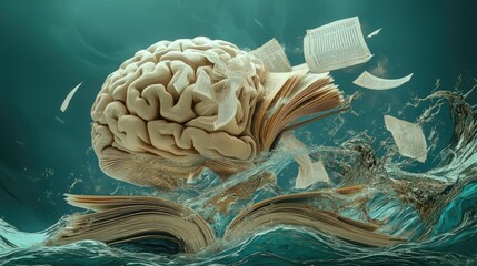 Poster - Human Brain Submerged In Water With Book Pages