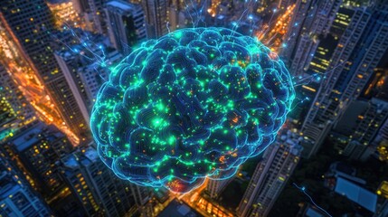 Aufkleber - Illuminated Brain Over Cityscape at Night