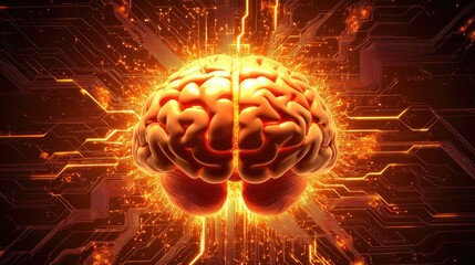 Poster - Illuminated Brain Over Glowing Circuit Board