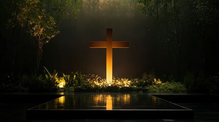 Wall Mural - Illuminated Wooden Cross in Serene Night Garden Setting