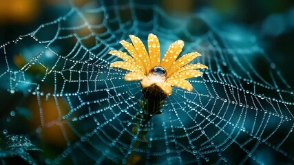Wall Mural - A close-up of a yellow flower adorned with droplets of water, surrounded by intricate spiderwebs, showcasing the beauty of nature.