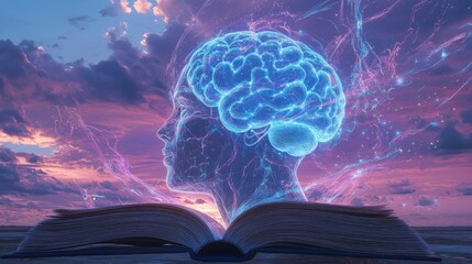 Poster - A luminous brain emerges from an open book under a vibrant sky