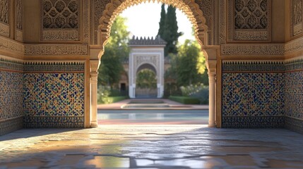 Poster - Archway view of ornate palace gardens and architecture