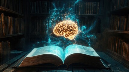 Poster - Illuminated Brain Emerging From Ancient Book In Library
