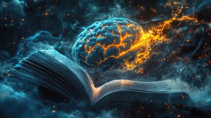 Poster - Flaming Brain Above Open Book Knowledge Ignites Imagination
