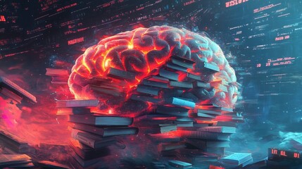Poster - A fiery brain engulfed in a stack of books