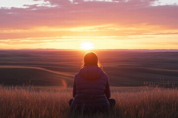 Fototapete - Traveler admires a stunning sunset over rolling hills in a tranquil landscape during evening hours. Generative AI
