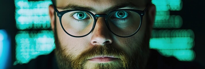 a man with glasses and a beard, looking at the camera, glowing computer code on blur background