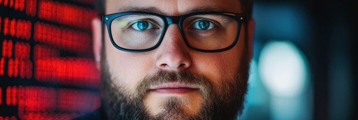 a man with glasses and a beard, looking at the camera, glowing computer code on blur background