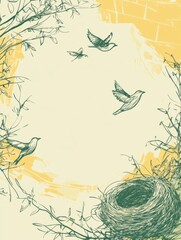 Poster - Nature inspired illustration featuring birds in flight and a nest against a warm yellow background. Generative AI
