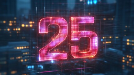 Poster - Glowing 3D Number 25 on Abstract Futuristic Background Digital Anniversary Celebration