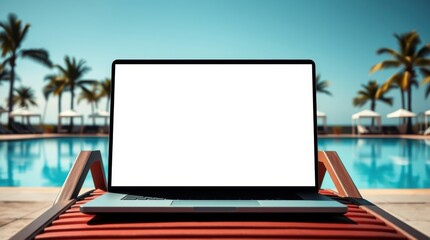 laptop with blank screen by a resort pool. perfect for showcasing your website or app design in a re