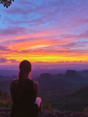 Poster - Traveler enjoys a stunning sunset over the mountains while reflecting on the day at dusk in a serene landscape. Generative AI