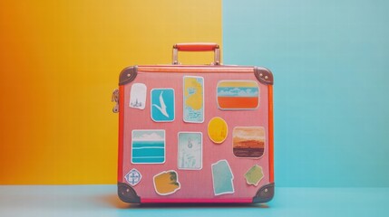 Aufkleber - Retro suitcase adorned with colorful travel stickers showcasing popular destinations and experiences from around the world. Generative AI