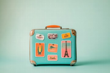Aufkleber - Retro suitcase covered in travel stickers evokes wanderlust and adventure in charming pastel setting. Generative AI