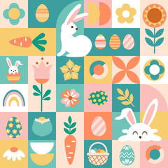 Wall Mural - Easter geometric seamless pattern. Cute rabbit, flower, and eggs elements.