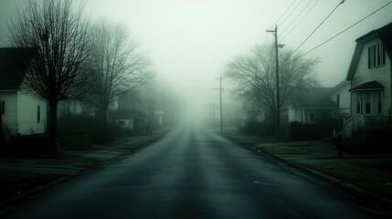 Wall Mural - Foggy Suburban Street Houses Trees Winter Morning