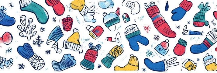 Poster - Colorful winter accessories including hats, mittens, and socks create a vibrant pattern perfect for the cold season. Generative AI