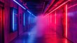 © mryanfahrudin1 - Futuristic corridor of red and blue LED strips lit up, walls decorated with mechanical panels, background wallpaper AI generated image